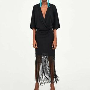 Zara Black Fringed Tassel Macrame Midi Dress Small